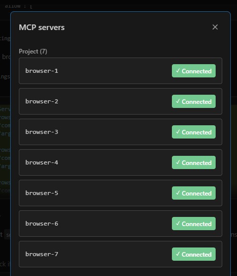 MCP servers panel showing all 7 browser instances connected